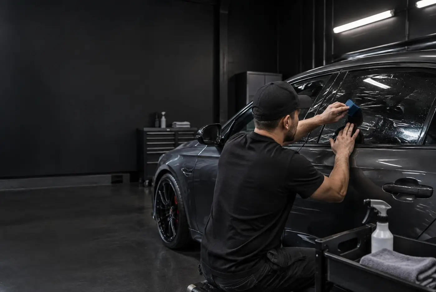 Clean Tint installer applying window film